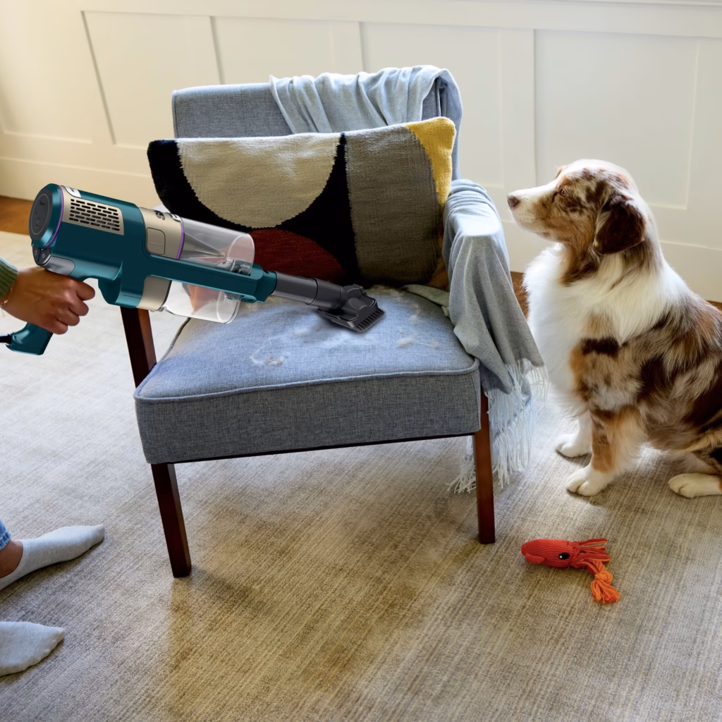 Shark PowerDetect HZ4000C in hand vacuum mode with the Pet Multi-Tool on an upholstered chair