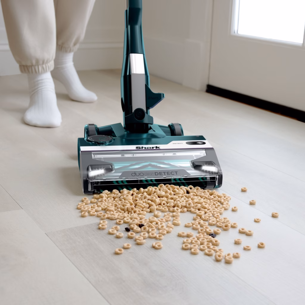 Shark PowerDetect HZ4000C DuoClean Detect nozzle with LED headlights lit on a hard floor