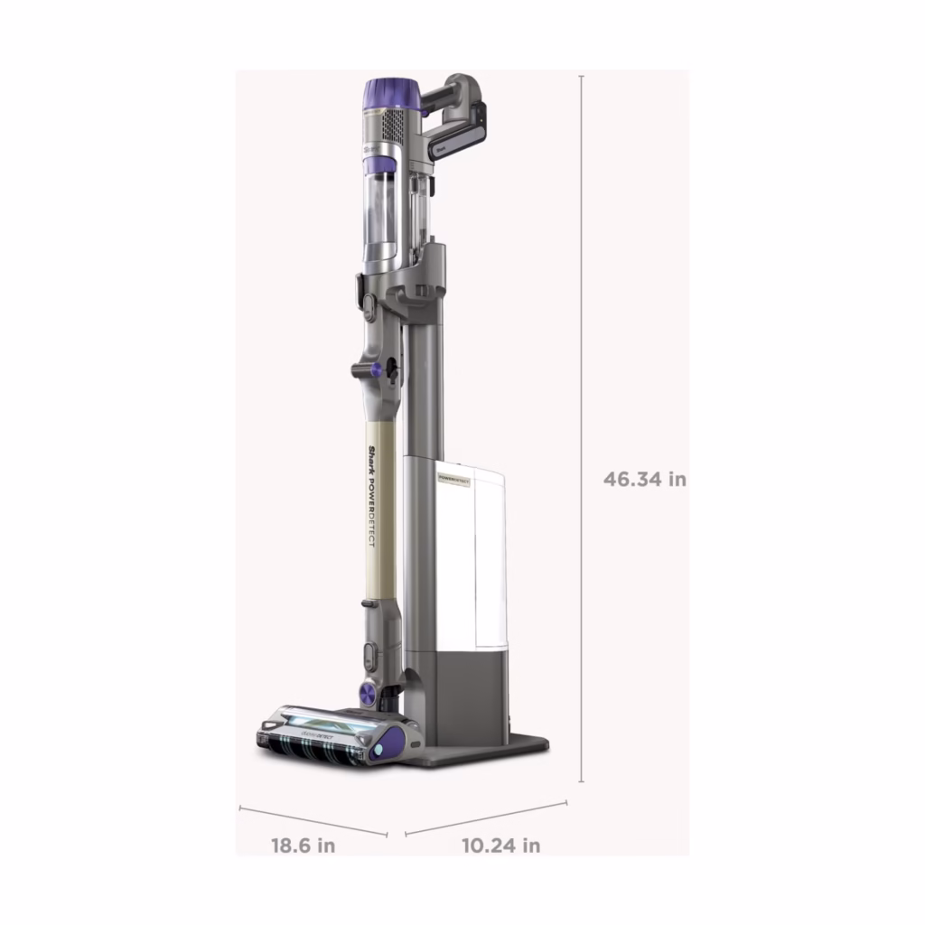 Shark PowerDetect IP3251C on its dock with measurements of 10.24 in wide, 18.6 in deep and 46.34 in tall