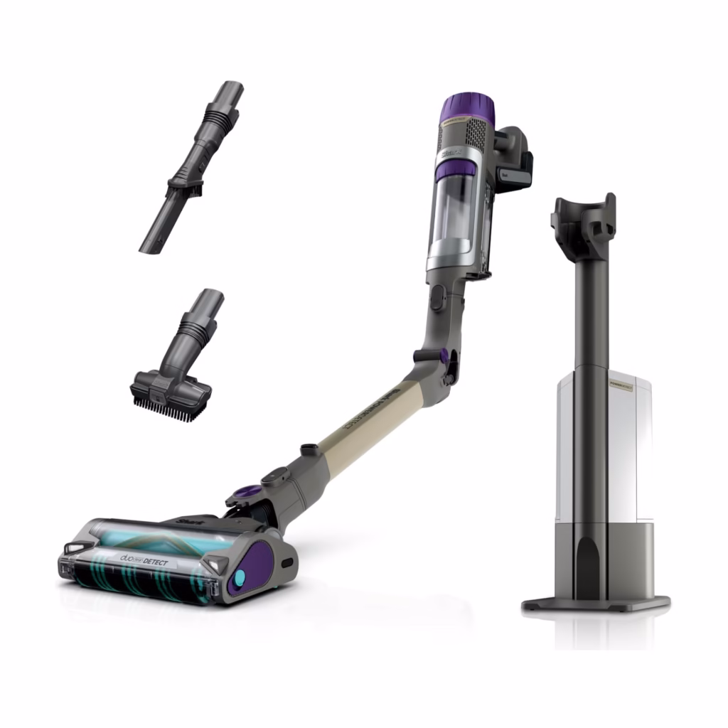 Shark PowerDetect Stick Vacuum IP3251C with its Auto-Empty dock, crevice tool and Pet Multi-Tool on a white background