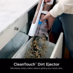 Shark PowerPro Flex IZ380HC hand vacuum emptying its bagless dust cup into a bin with the CleanTouch Dirt Ejector