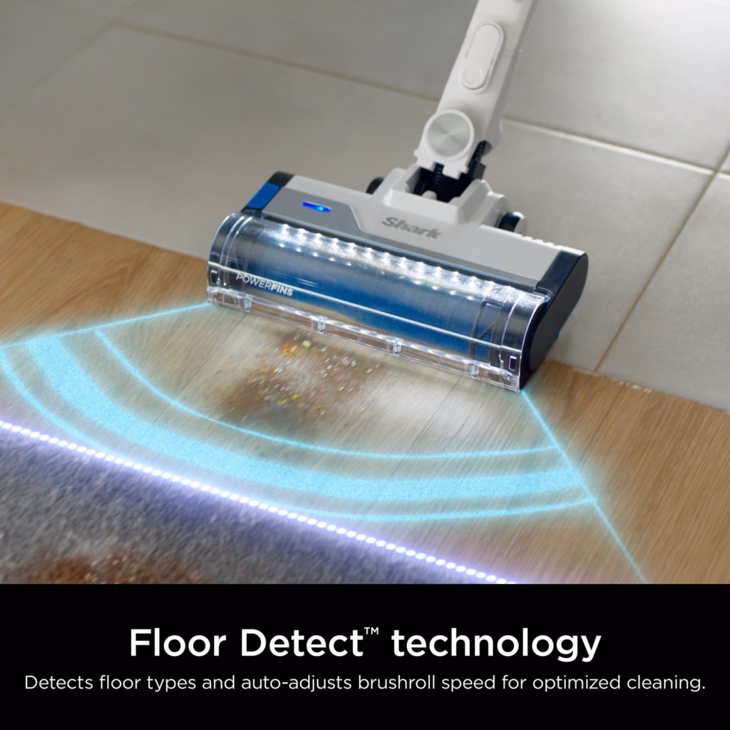 Shark PowerPro Flex IZ380HC nozzle sensing the floor type and adjusting brushroll speed on hardwood