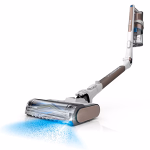 Shark PowerPro Flex Vacuum IZ380HC cordless stick vacuum in white and mocha with the MultiFLEX wand bent, on a white background
