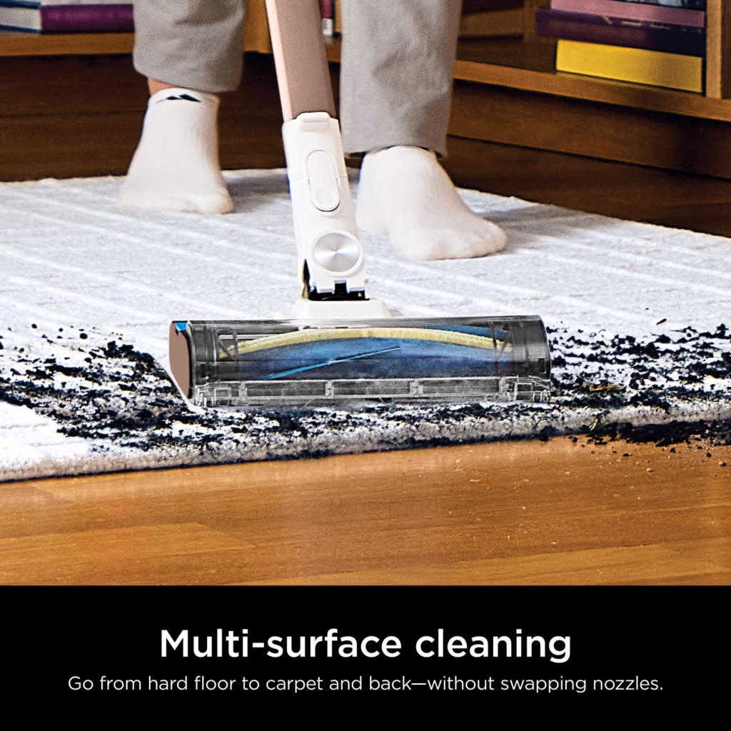 Shark PowerPro Flex IZ380HC nozzle crossing from an area rug onto hardwood without swapping heads