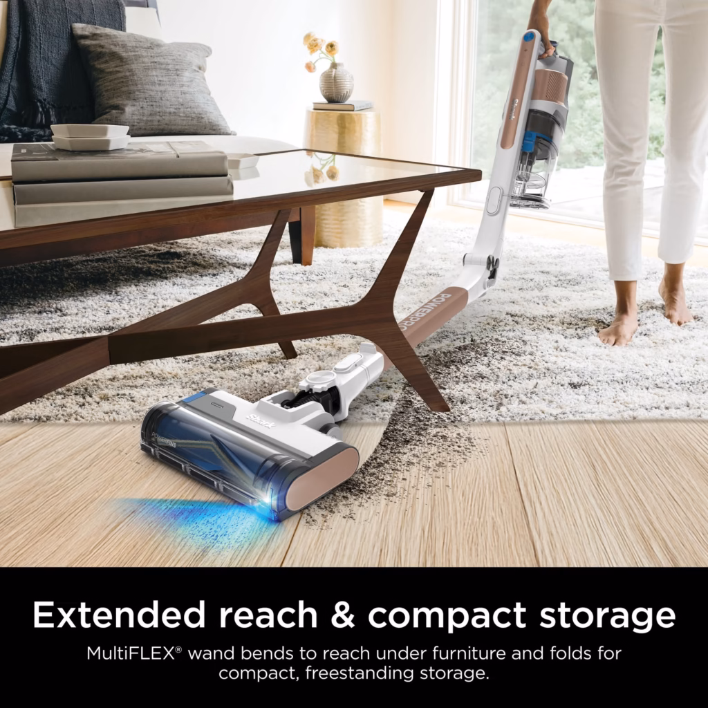 Shark PowerPro Flex IZ380HC with the MultiFLEX wand bent flat to clean under a low coffee table