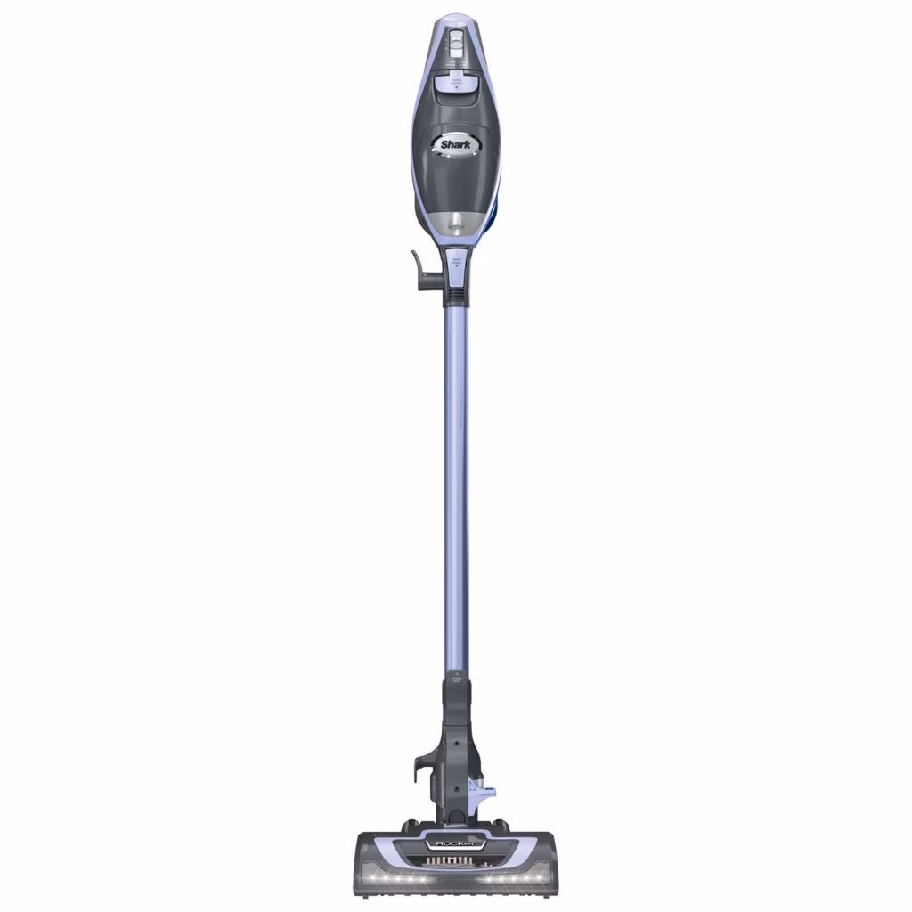 Shark Rocket Pro DLX HV371C front view in Aha Blue, hand vacuum mounted on the wand