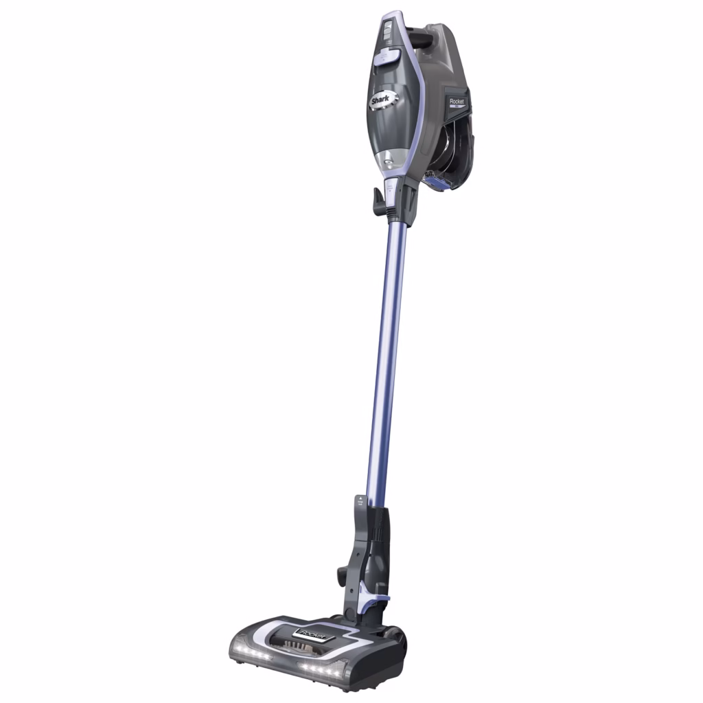 Shark Rocket Pro DLX HV371C three quarter view with the LED headlights lit across the nozzle