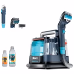 Shark StainStriker Carpet Cleaner PX200C in navy with its bristle tool, crevice tool and both cleaning formulas