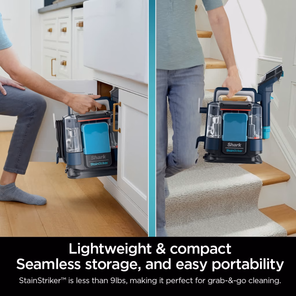 Shark StainStriker PX200C stored in a cabinet and carried to a carpeted staircase