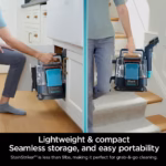 Shark StainStriker PX200C stored in a cabinet and carried to a carpeted staircase