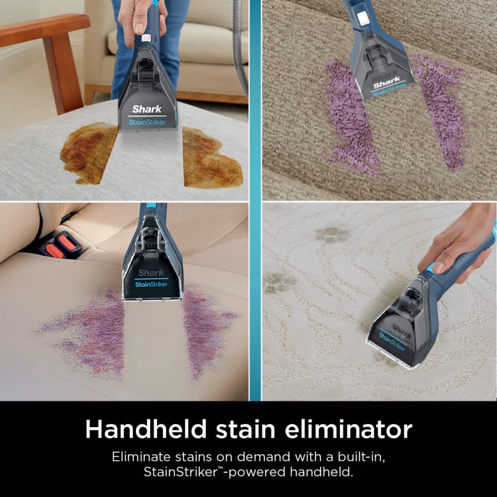 Shark StainStriker PX200C removing four different stains from carpet, a rug and a car seat