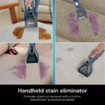 Shark StainStriker PX200C removing four different stains from carpet, a rug and a car seat