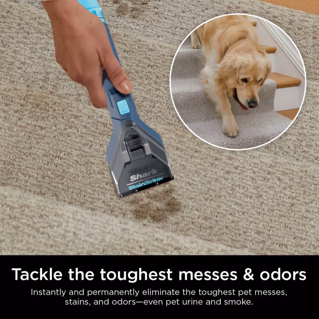 Shark StainStriker PX200C cleaning a pet stain from carpeted stairs