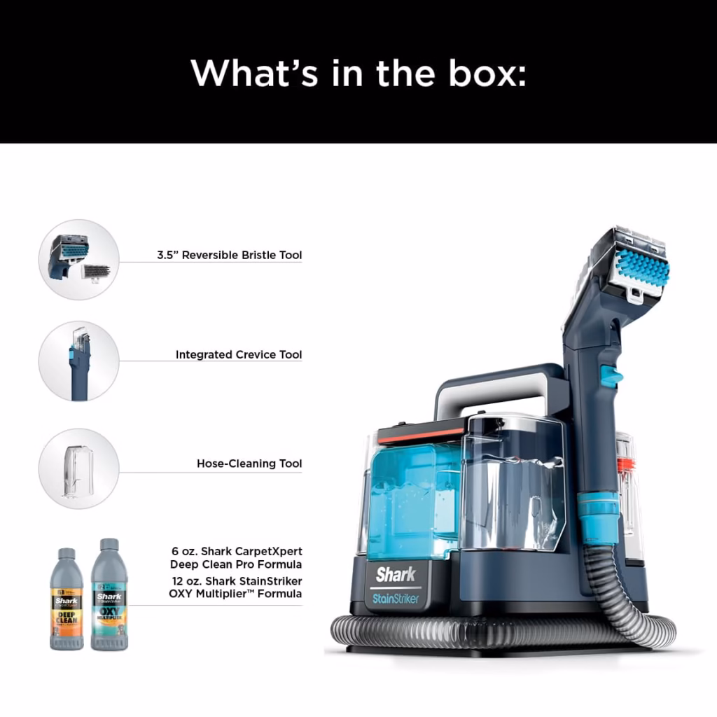 What is in the box with the Shark StainStriker PX200C: reversible bristle tool, crevice tool, hose-cleaning tool and two formulas